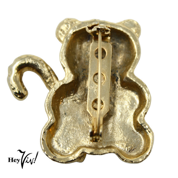 Vintage Christmas Holiday Teddy Bear Pin Brooch Gold w Red Enamel 1.5" - Hey Viv - Picture 3 of 7